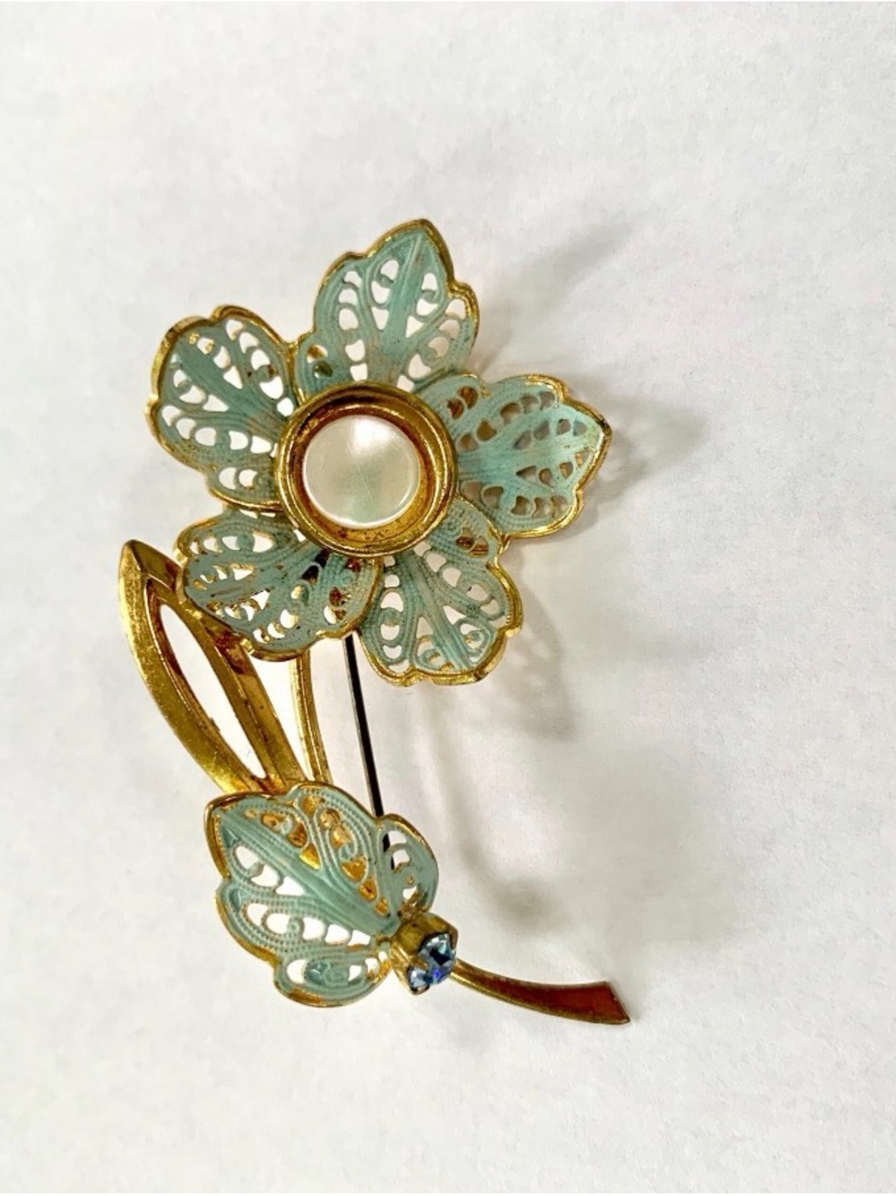 Gold & Mint Green Large Floral Brooch
